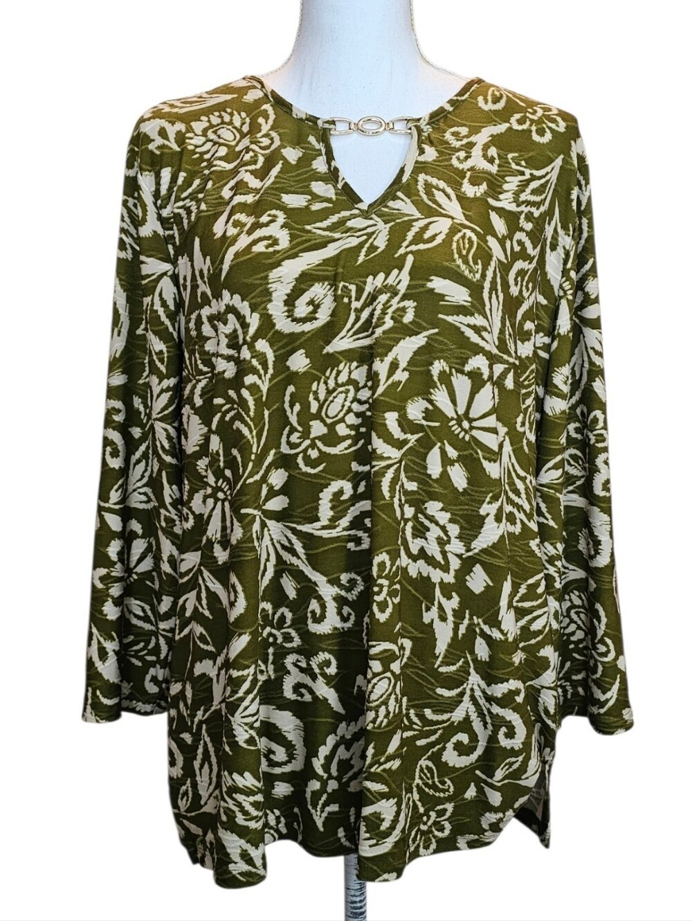 Emily Daniels Womens XL Olive Green Floral Keyhole Tunic Top